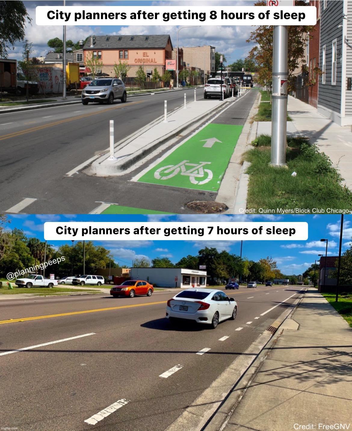 The meme is a humorous comparison between the sleep patterns of city planners and the quality of their work. It features two images of roads, one with a bike lane and one without, with the caption "City planners after getting 8 hours of sleep" and "City planners after getting 7 hours of sleep." The implication is that when city planners are well-rested, they can create effective and safe infrastructure, but when they are sleep-deprived, they can only create roads that are missing basic features like bike lanes.